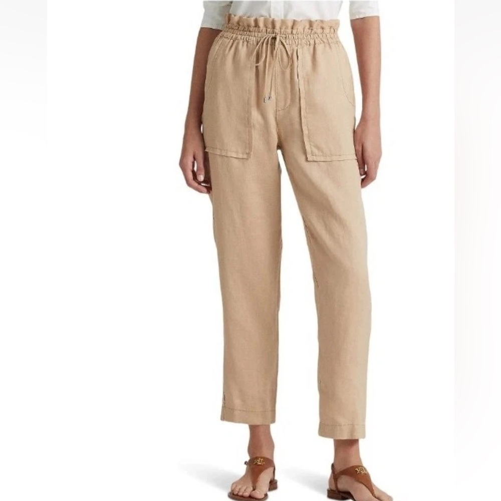 Lauren Ralph Lauren Black Label  Tan 100% Linen Drawstring Pants size 10